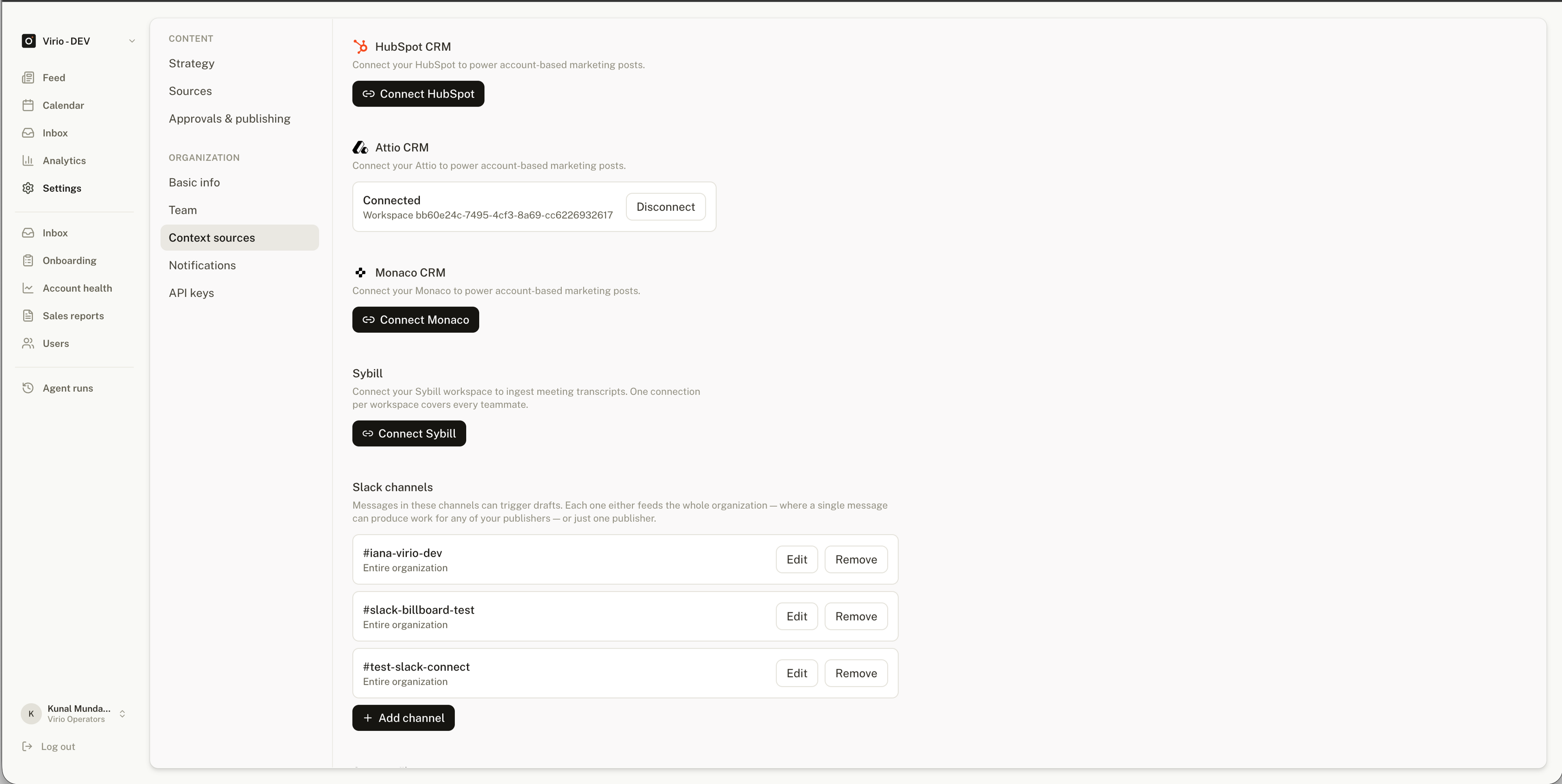 Attio CRM card in Lineage Context Sources showing a connected Attio workspace and the Disconnect button.