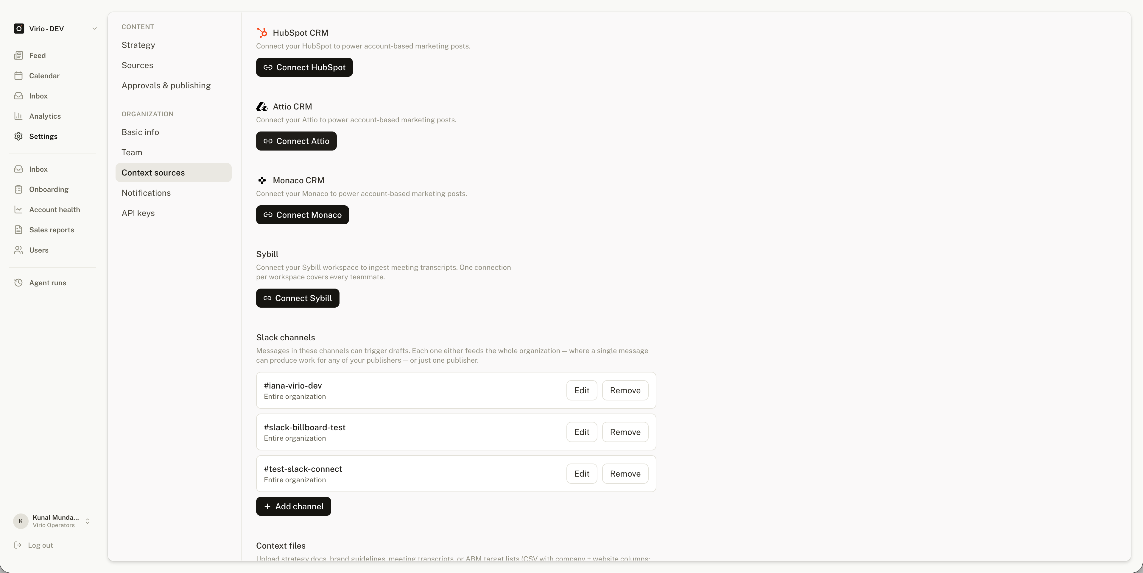 Lineage settings with Context Sources selected and the Attio CRM card showing the Connect Attio button.