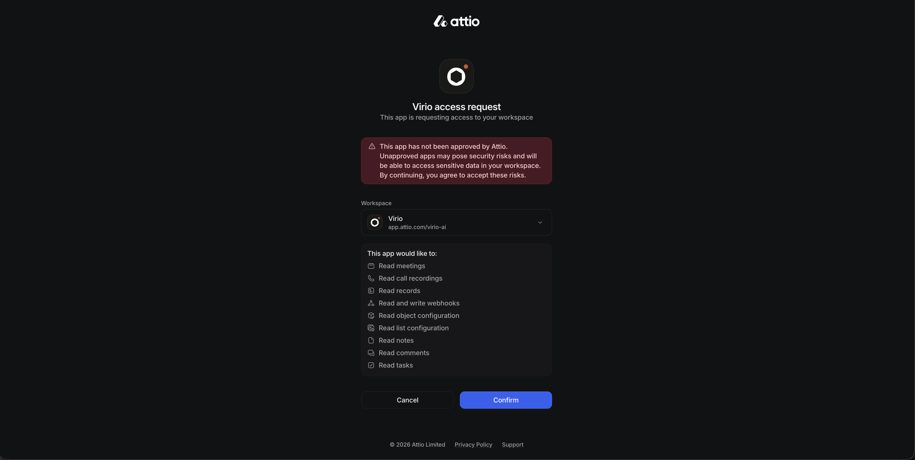 Attio authorization page showing the Lineage integration, requested access, and workspace selection.